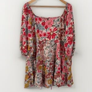 JODIFL Boho Floral Mini Dress Off Shoulder Long Sleeve Pink Yellow Size 1X